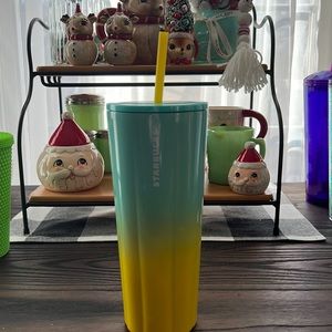 Starbucks teal and yellow metal tumbler
